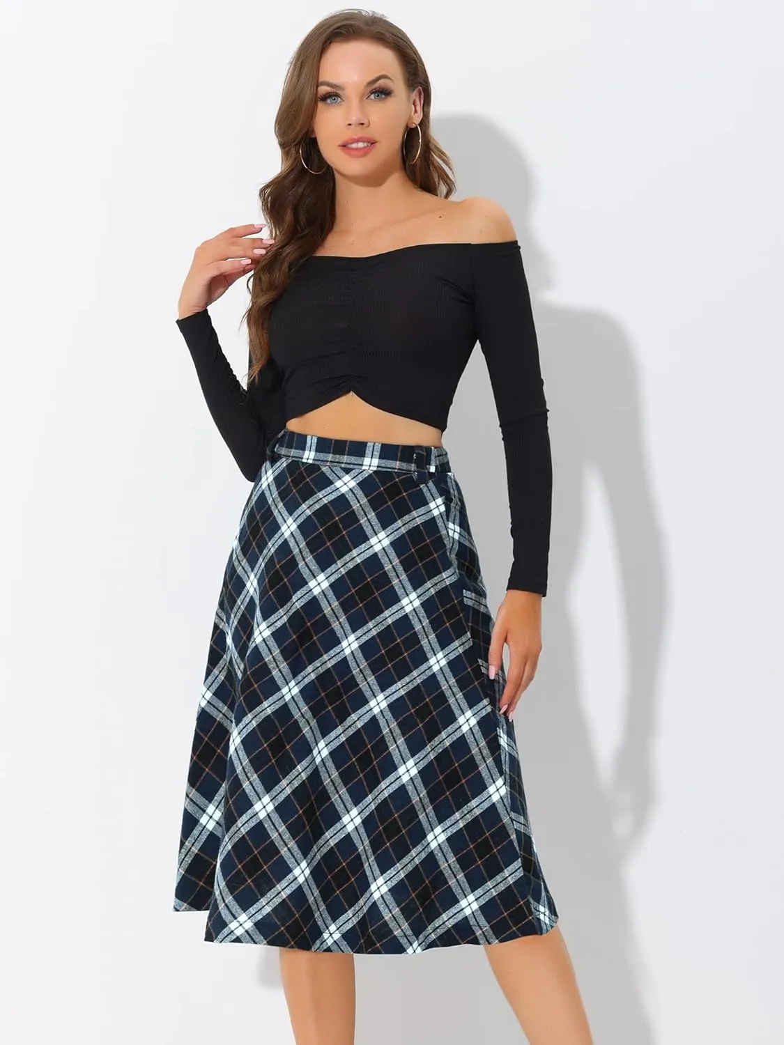 Allegra K Women's Tartan Plaid High Waist Belted Vintage A-Line Midi Skirt