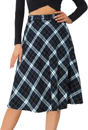 Allegra K Women's Tartan Plaid High Waist Belted Vintage A-Line Midi Skirt
