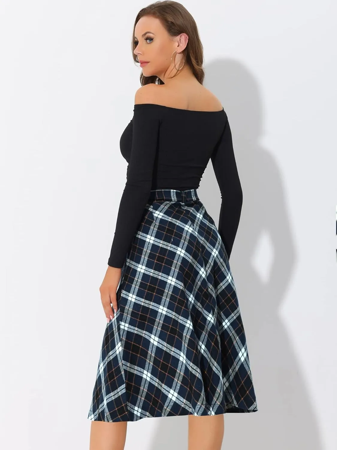 Allegra K Women's Tartan Plaid High Waist Belted Vintage A-Line Midi Skirt