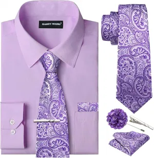 Barry.Wang Solid Colors Mens Dress Shirt and Tie Set Formal Business Wedding Shirts Long Sleeve Button Down Casual 6PCS