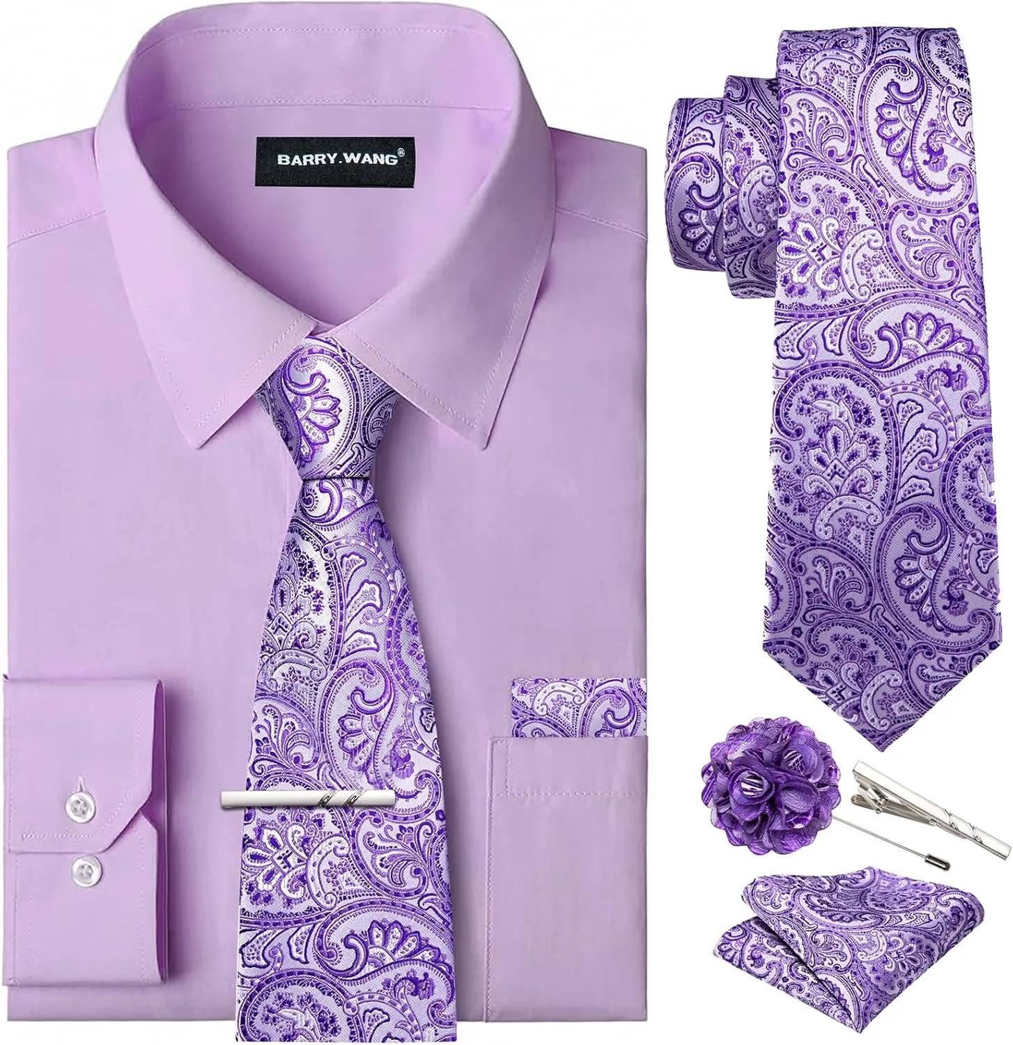 Barry.Wang Solid Colors Mens Dress Shirt and Tie Set Formal Business Wedding Shirts Long Sleeve Button Down Casual 6PCS