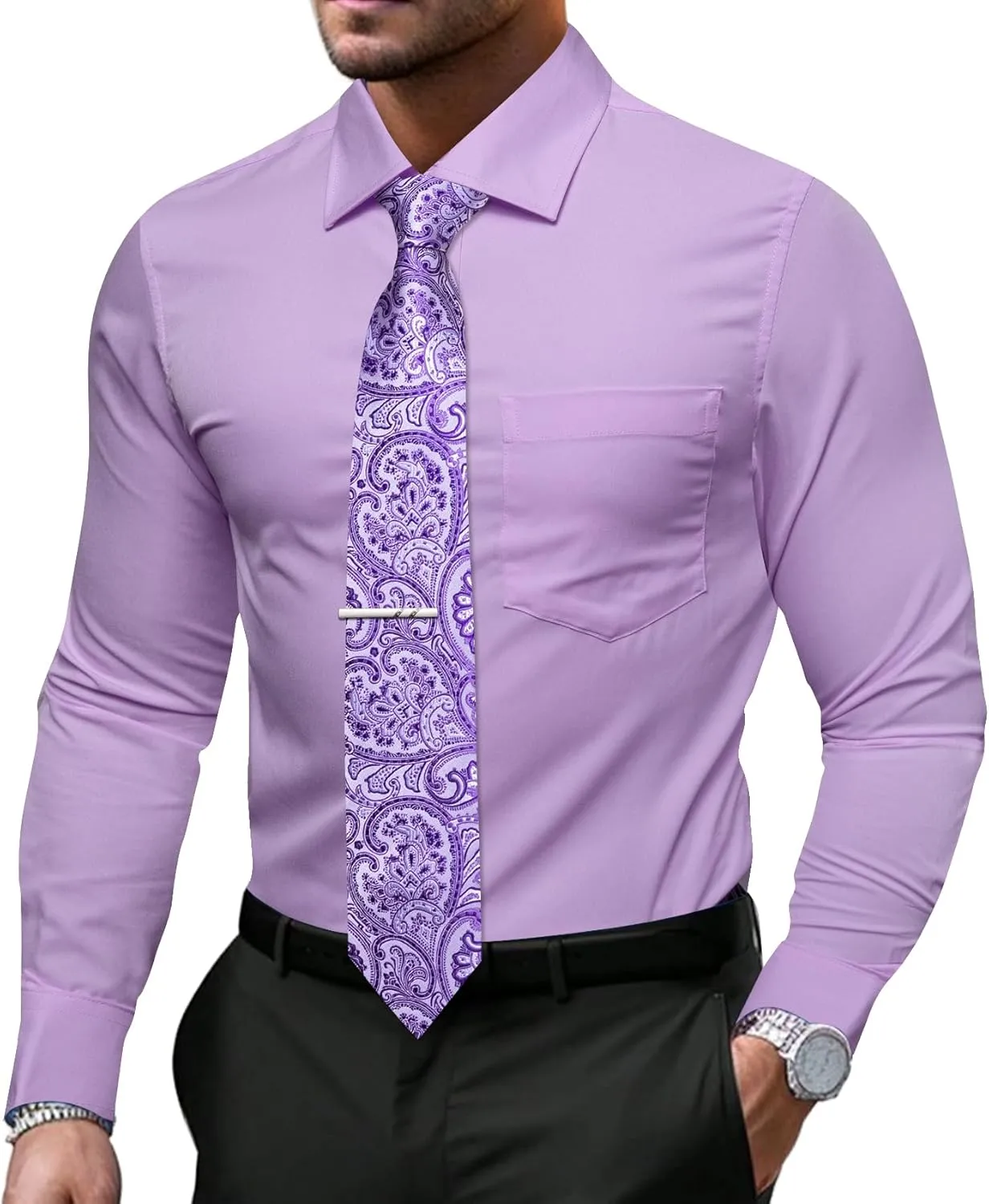 Barry.Wang Solid Colors Mens Dress Shirt and Tie Set Formal Business Wedding Shirts Long Sleeve Button Down Casual 6PCS