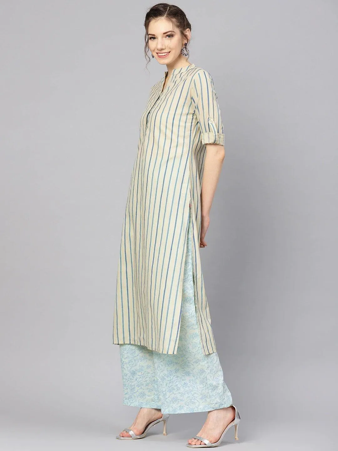 Beige & Blue Striped Kurta with Palazzos