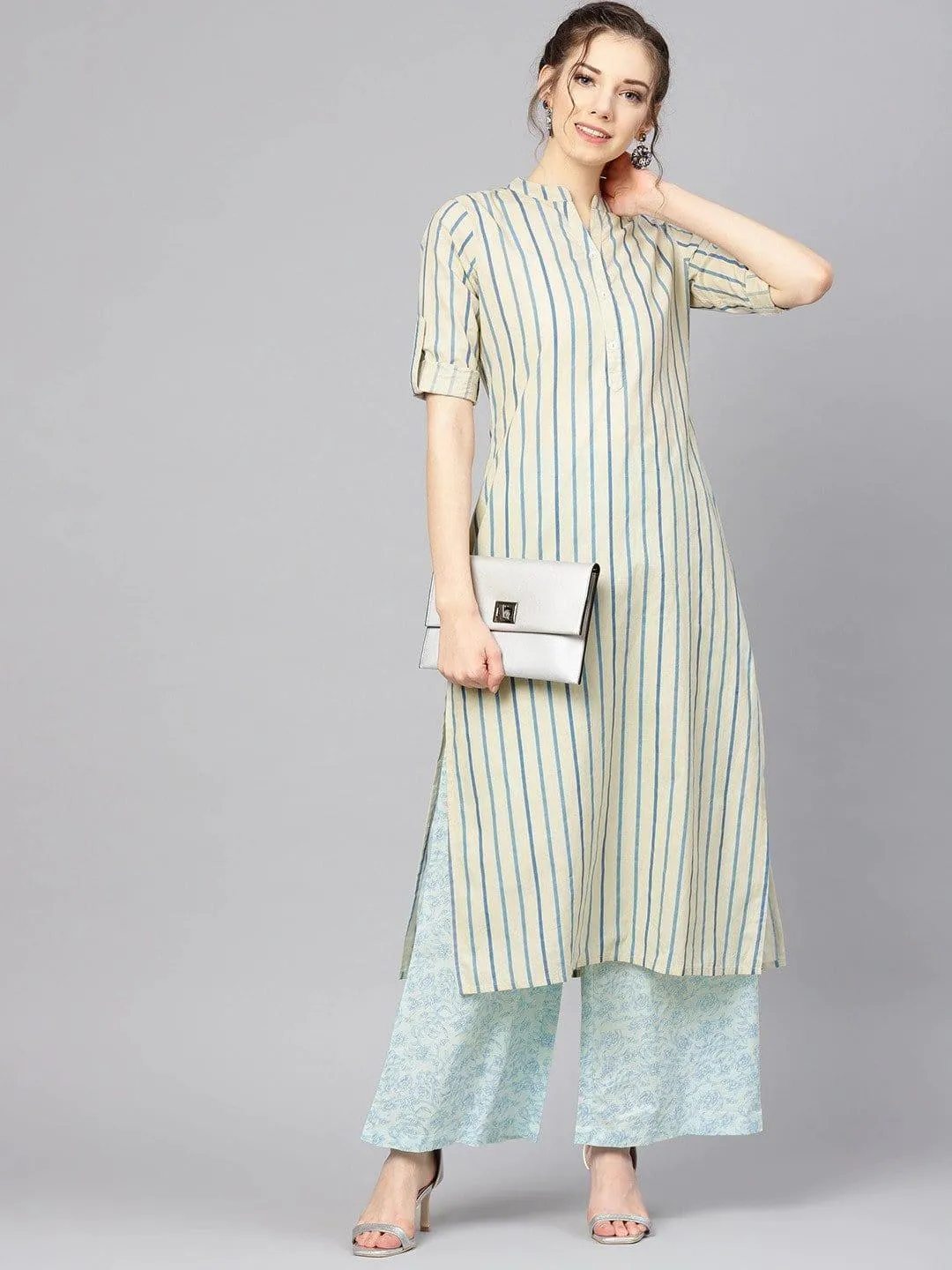 Beige & Blue Striped Kurta with Palazzos
