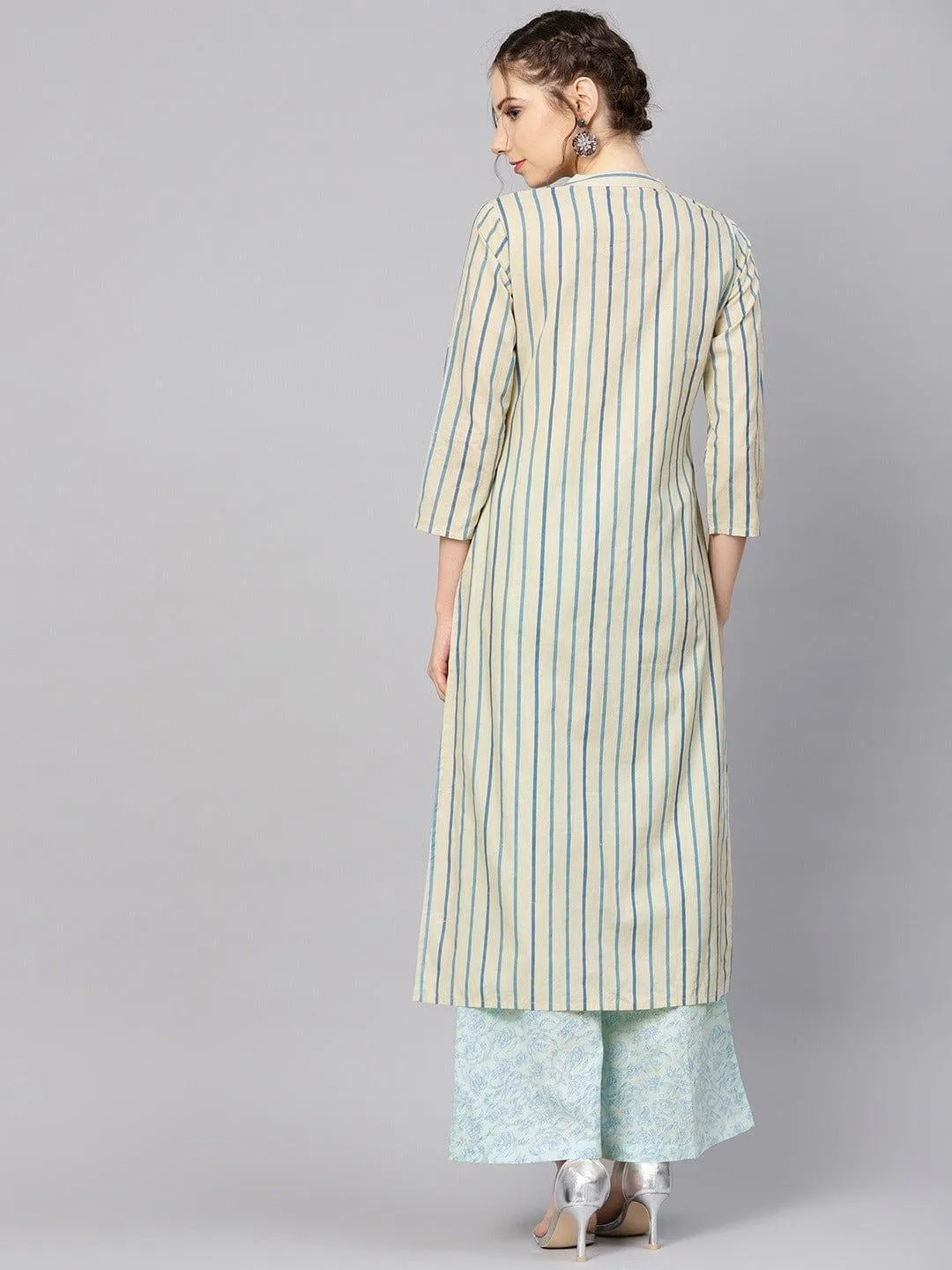 Beige & Blue Striped Kurta with Palazzos