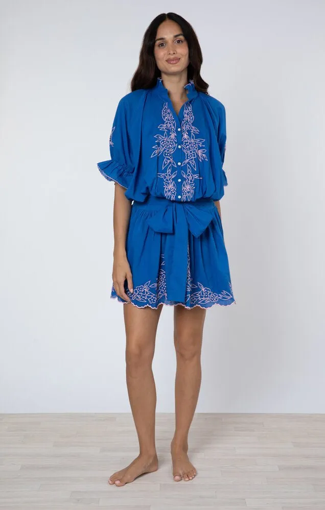 Blouson Dress W.Floral Embroidery Royal Blue/Candy