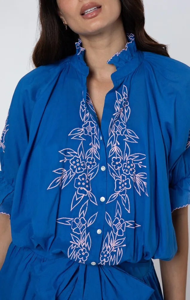 Blouson Dress W.Floral Embroidery Royal Blue/Candy