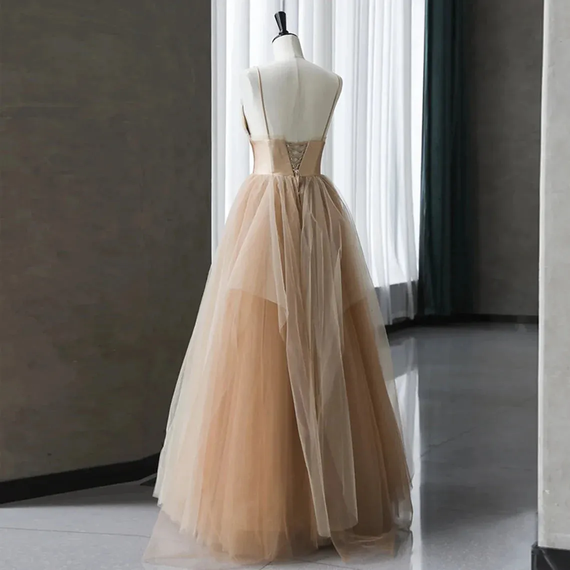 Champagne Tulle Gradient Tulle Straps Long Evening Dress Charming Formal Gown