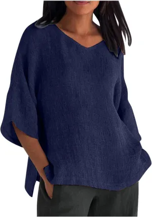 Cotton Linen Shirts for Women Three Quarter Sleeve Cotton and Linen Top with Stand Collar Dressy Casual Vacation Top