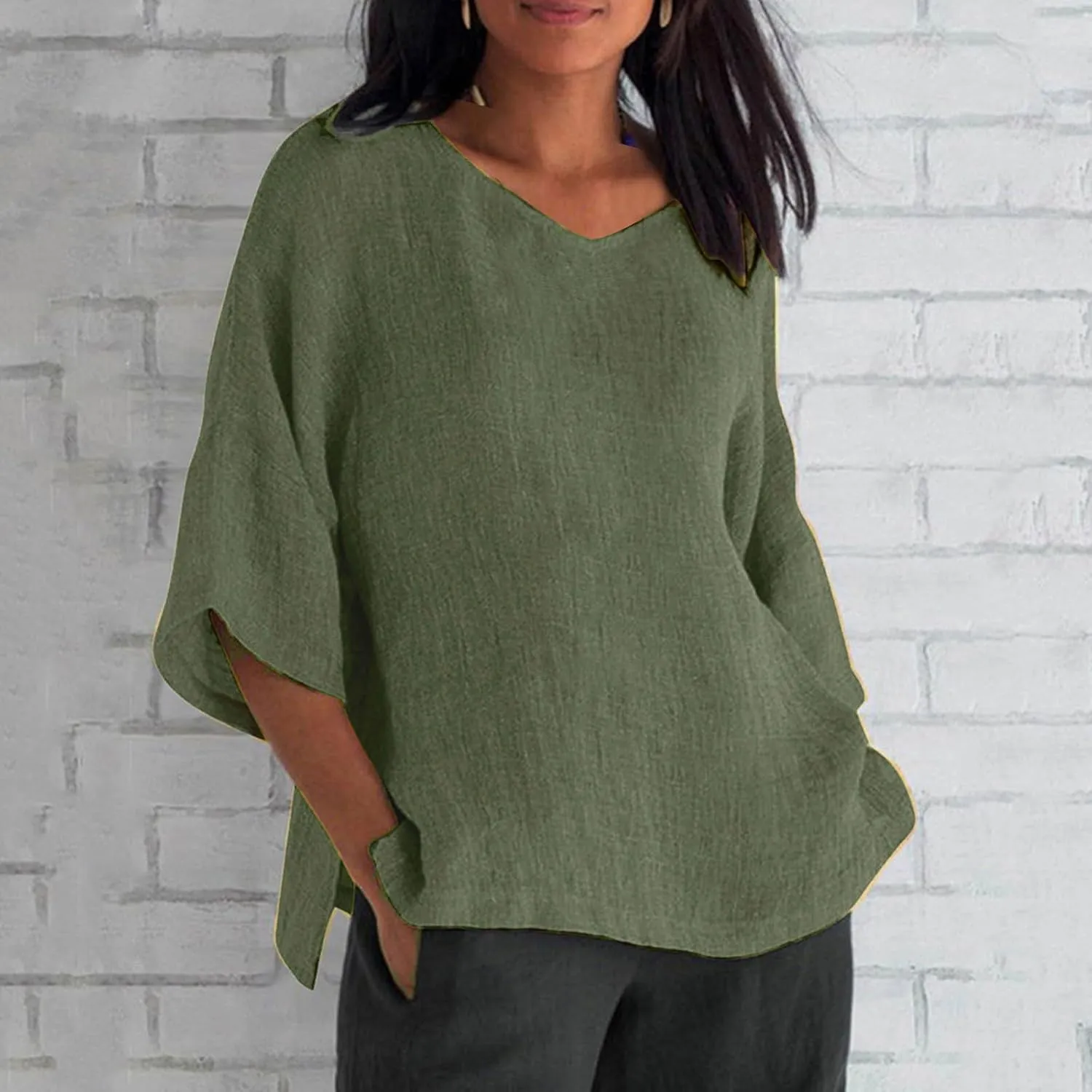 Cotton Linen Shirts for Women Three Quarter Sleeve Cotton and Linen Top with Stand Collar Dressy Casual Vacation Top