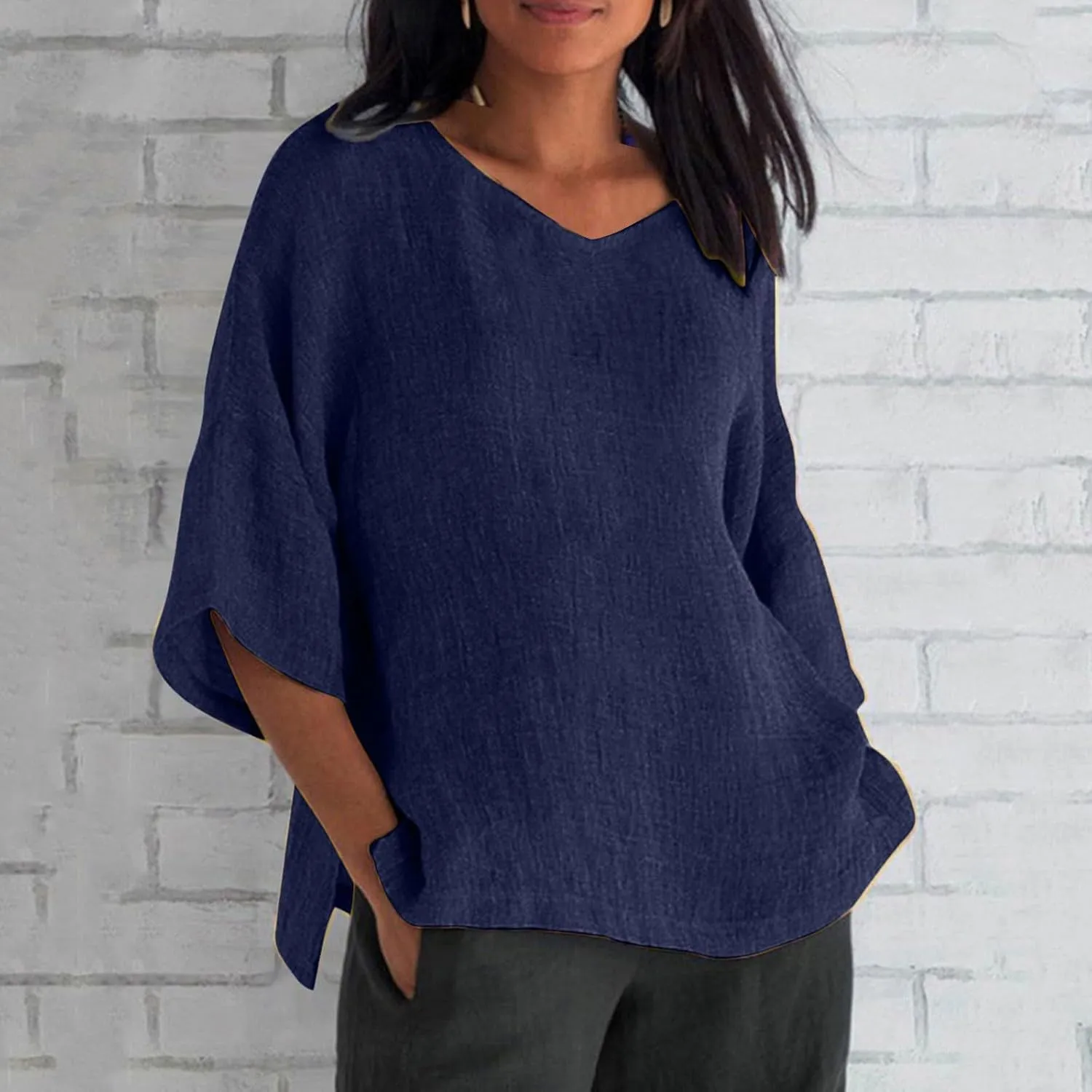 Cotton Linen Shirts for Women Three Quarter Sleeve Cotton and Linen Top with Stand Collar Dressy Casual Vacation Top