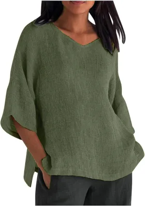 Cotton Linen Shirts for Women Three Quarter Sleeve Cotton and Linen Top with Stand Collar Dressy Casual Vacation Top