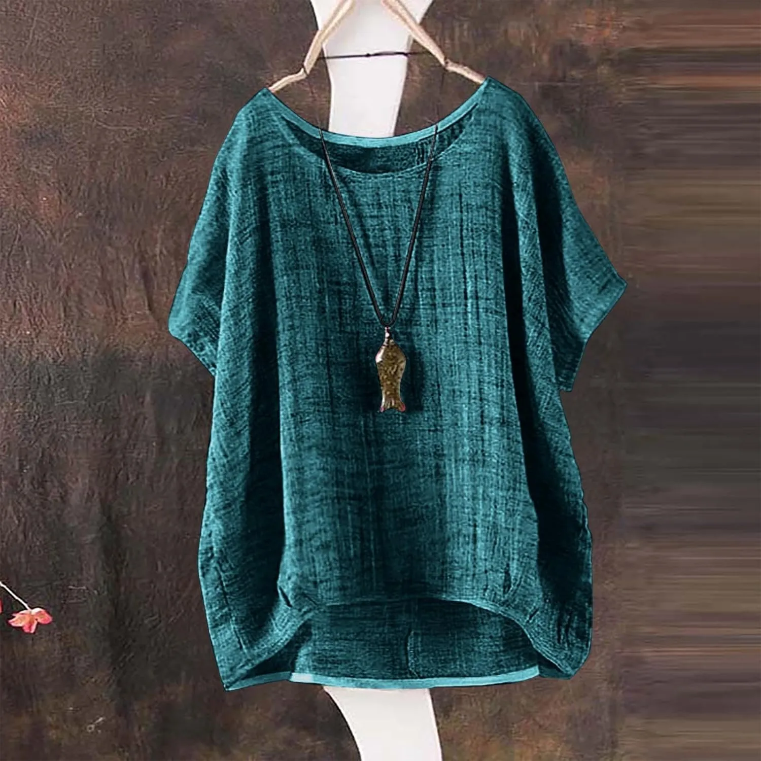 Cotton Linen Shirts for Women Three Quarter Sleeve Cotton and Linen Top with Stand Collar Dressy Casual Vacation Top
