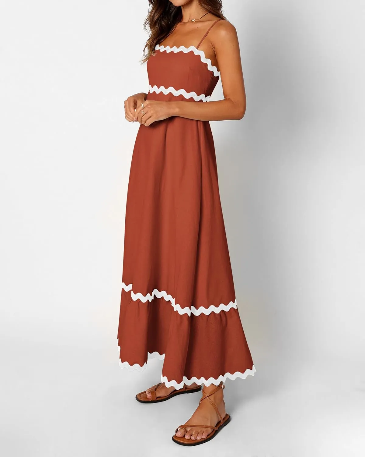 dowerme Women Summer Dresses 2025 Spaghetti Straps Sleeveless Smocked Rickrack Trim Boho Flowy Loose A-Line Midi Dress
