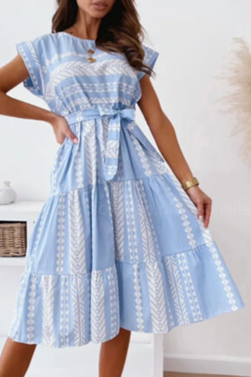 Dunnmall Elegant Print Strap Design O Neck A Line Dresses