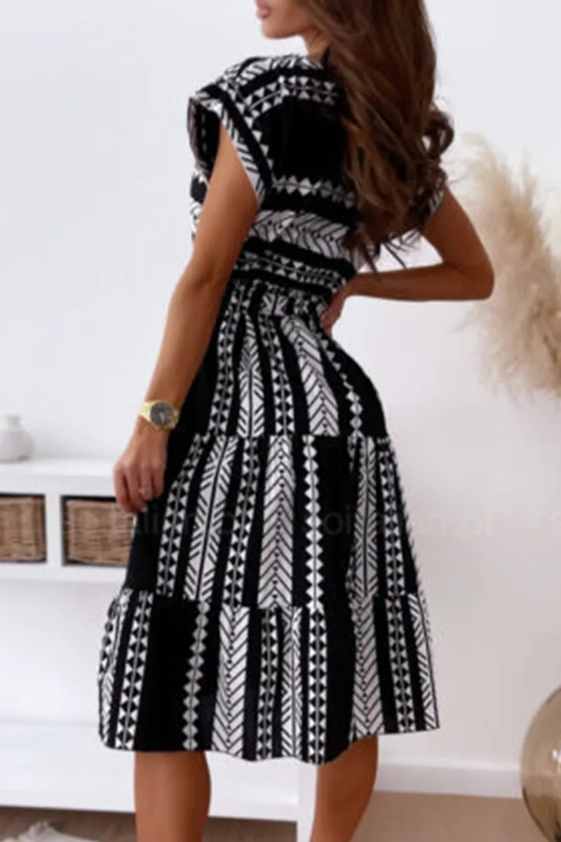 Dunnmall Elegant Print Strap Design O Neck A Line Dresses