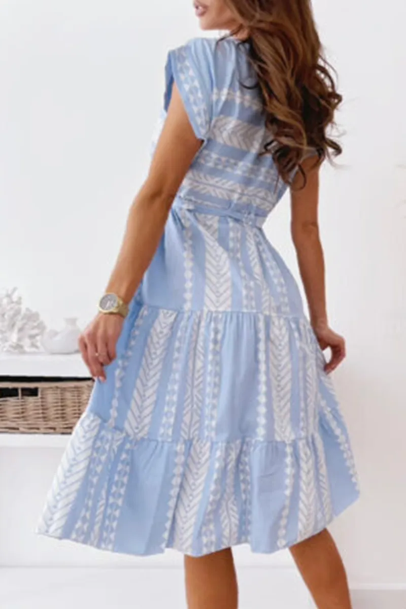 Dunnmall Elegant Print Strap Design O Neck A Line Dresses