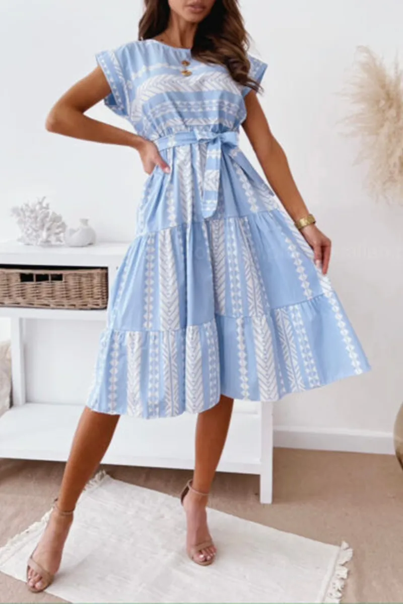 Dunnmall Elegant Print Strap Design O Neck A Line Dresses