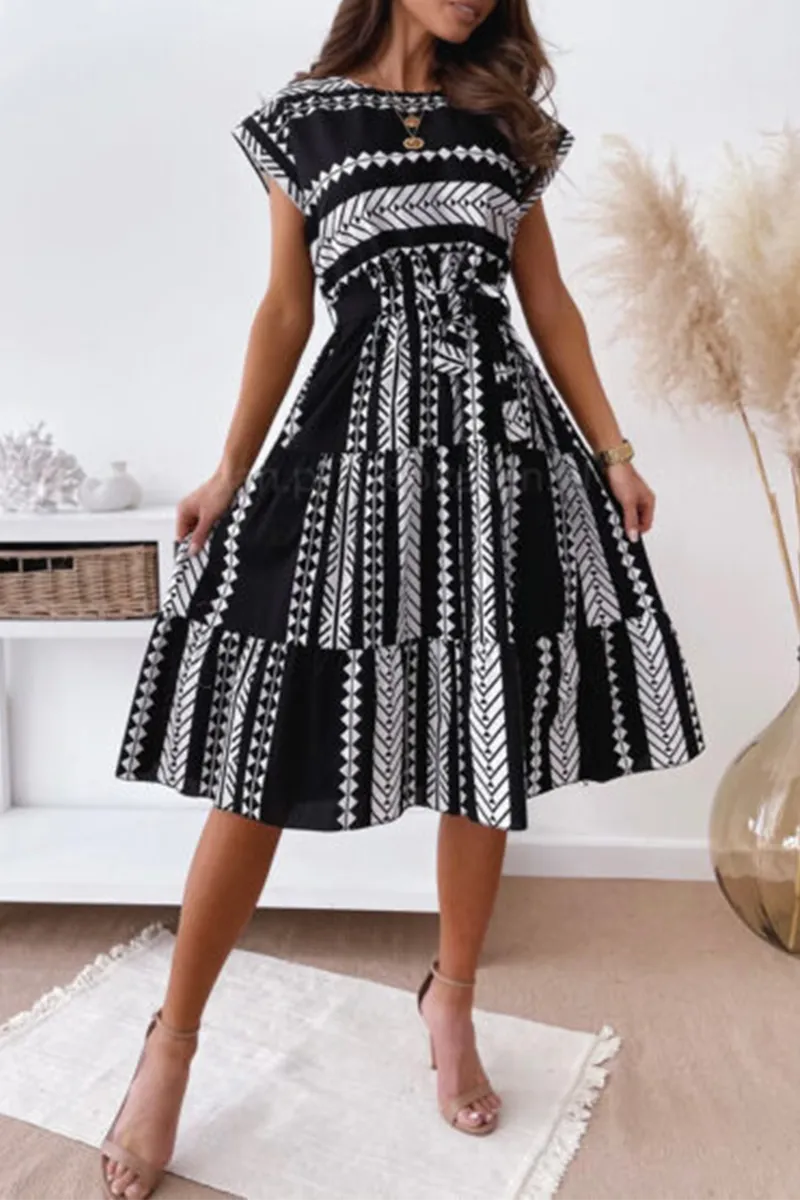 Dunnmall Elegant Print Strap Design O Neck A Line Dresses