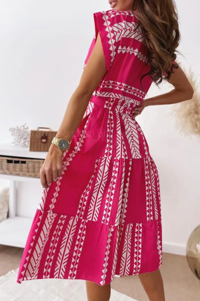 Dunnmall Elegant Print Strap Design O Neck A Line Dresses