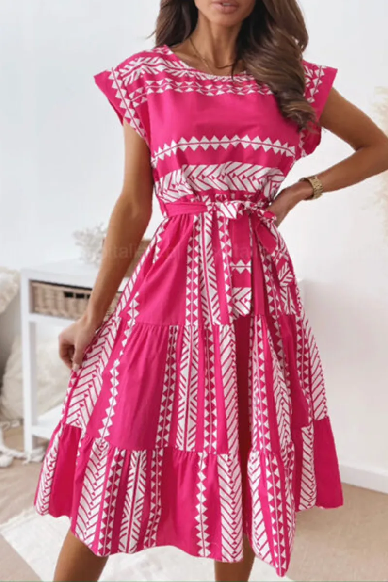 Dunnmall Elegant Print Strap Design O Neck A Line Dresses