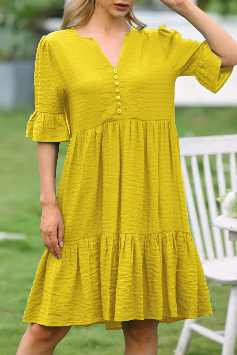 Dunnmall Elegant Solid Buckle Flounce V Neck Dresses