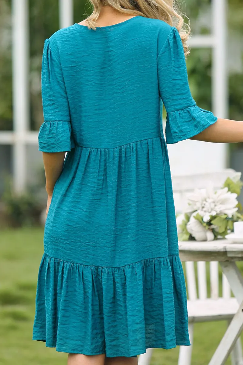 Dunnmall Elegant Solid Buckle Flounce V Neck Dresses