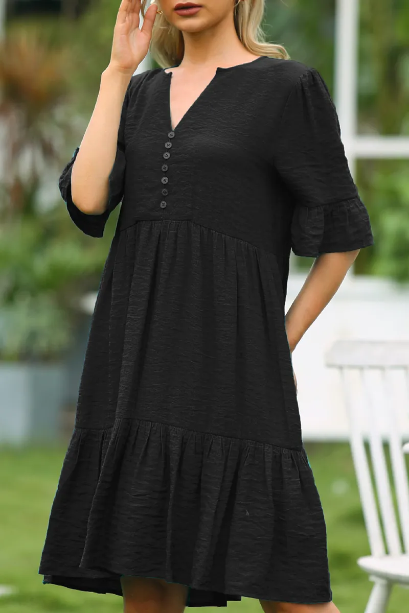Dunnmall Elegant Solid Buckle Flounce V Neck Dresses