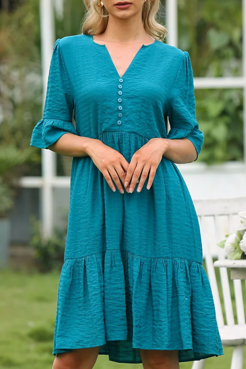 Dunnmall Elegant Solid Buckle Flounce V Neck Dresses