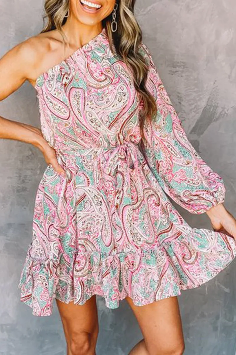 Dunnmall Fashion Elegant Print One Shoulder A Line Dresses