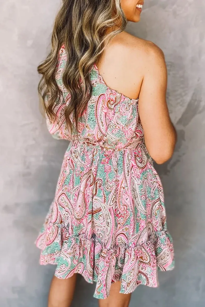 Dunnmall Fashion Elegant Print One Shoulder A Line Dresses