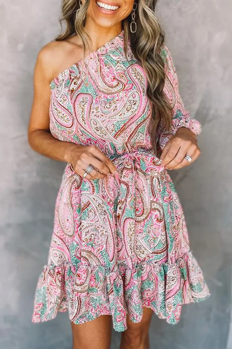 Dunnmall Fashion Elegant Print One Shoulder A Line Dresses