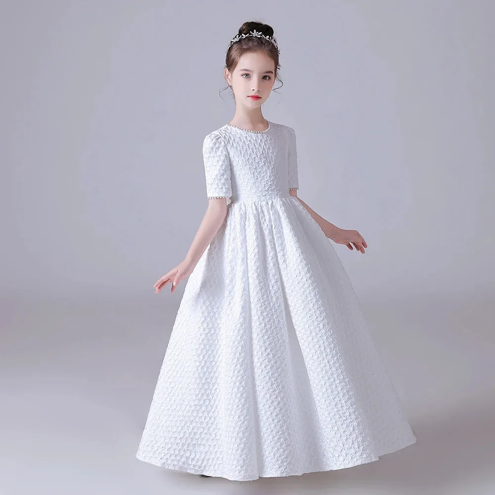 Elegant White Puff Skirt Flower Girl Dress for Wedding Parties & Concerts