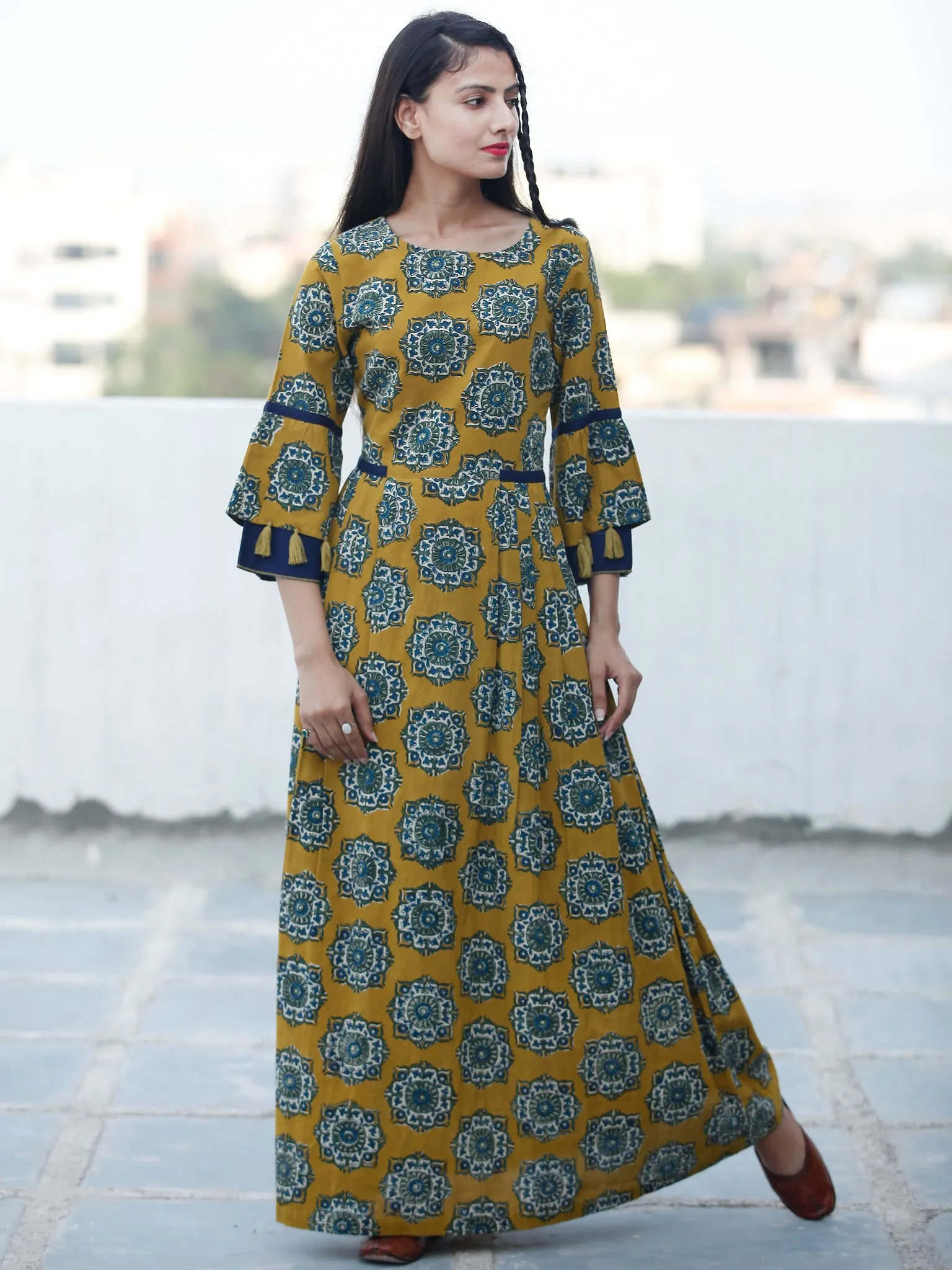 EVENING ELEGANCE - Hand Block Printed Long Cotton Dress - D348F1814