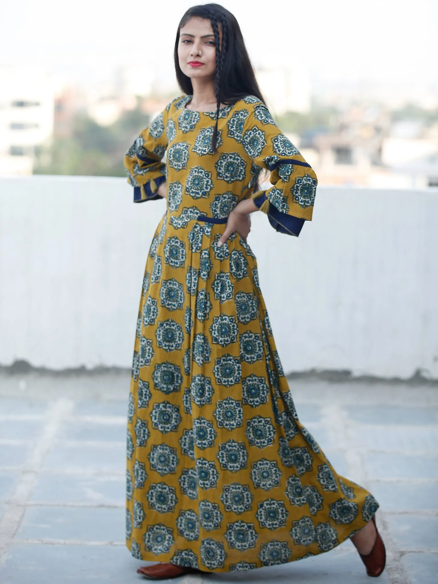 EVENING ELEGANCE - Hand Block Printed Long Cotton Dress - D348F1814