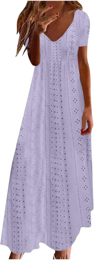 Eyelet Dress for Women 2024 Casual Sleeveless Long Maxi Dress Trendy Sexy V Neck Slip Dress Summer Vacation Outfits