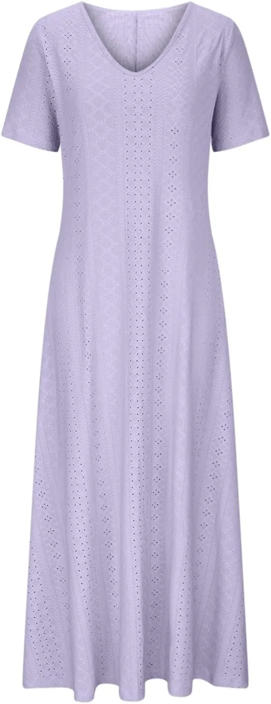 Eyelet Dress for Women 2024 Casual Sleeveless Long Maxi Dress Trendy Sexy V Neck Slip Dress Summer Vacation Outfits