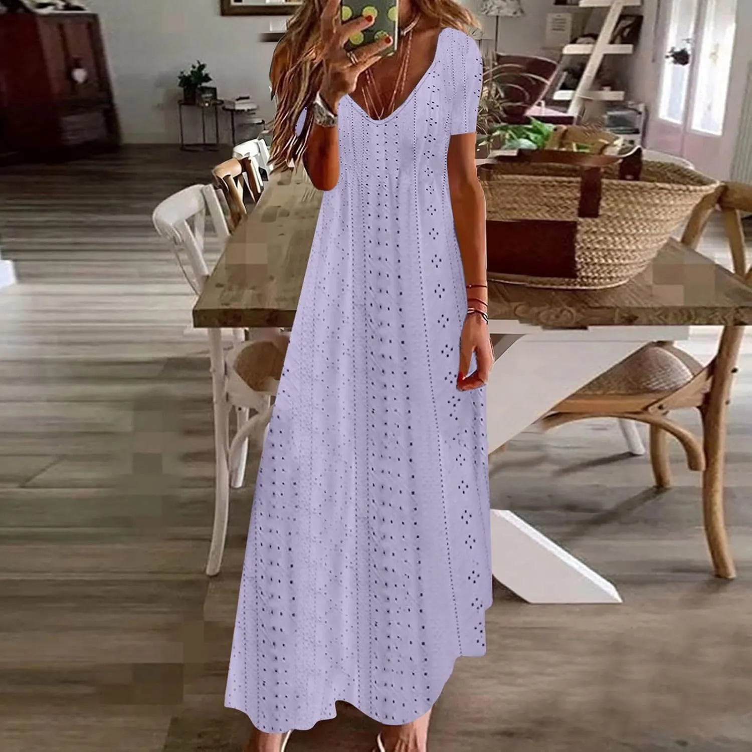 Eyelet Dress for Women 2024 Casual Sleeveless Long Maxi Dress Trendy Sexy V Neck Slip Dress Summer Vacation Outfits