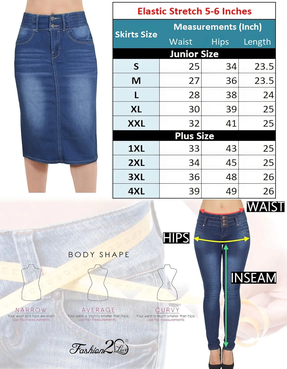 Fashion2Love Women's Juniors/Plus Butt Lifting Pencil Denim Midi Skirt with Elastic Waist
