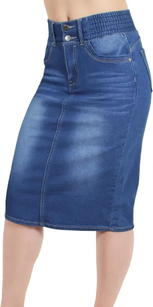 Fashion2Love Women's Juniors/Plus Butt Lifting Pencil Denim Midi Skirt with Elastic Waist