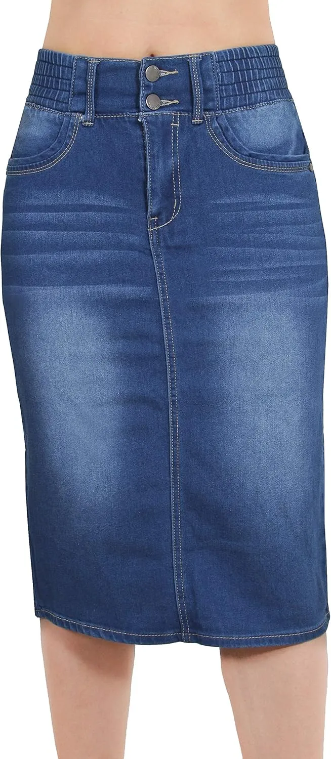 Fashion2Love Women's Juniors/Plus Butt Lifting Pencil Denim Midi Skirt with Elastic Waist