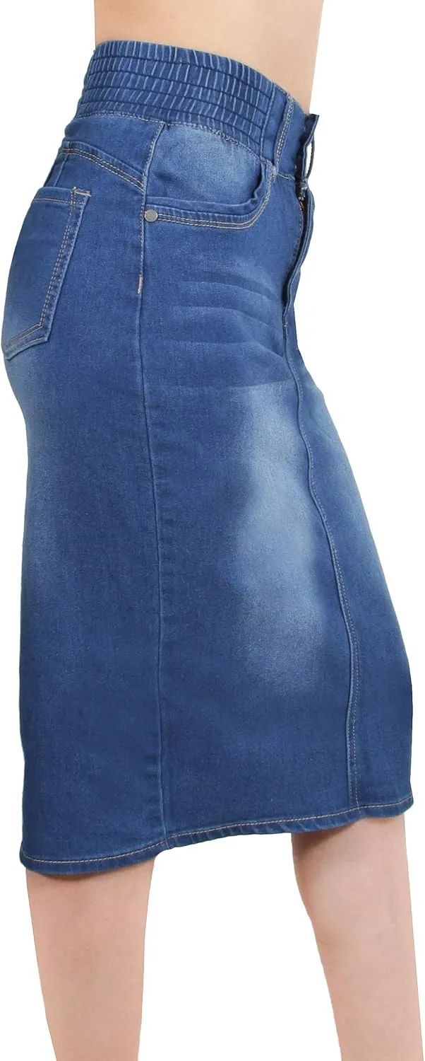 Fashion2Love Women's Juniors/Plus Butt Lifting Pencil Denim Midi Skirt with Elastic Waist