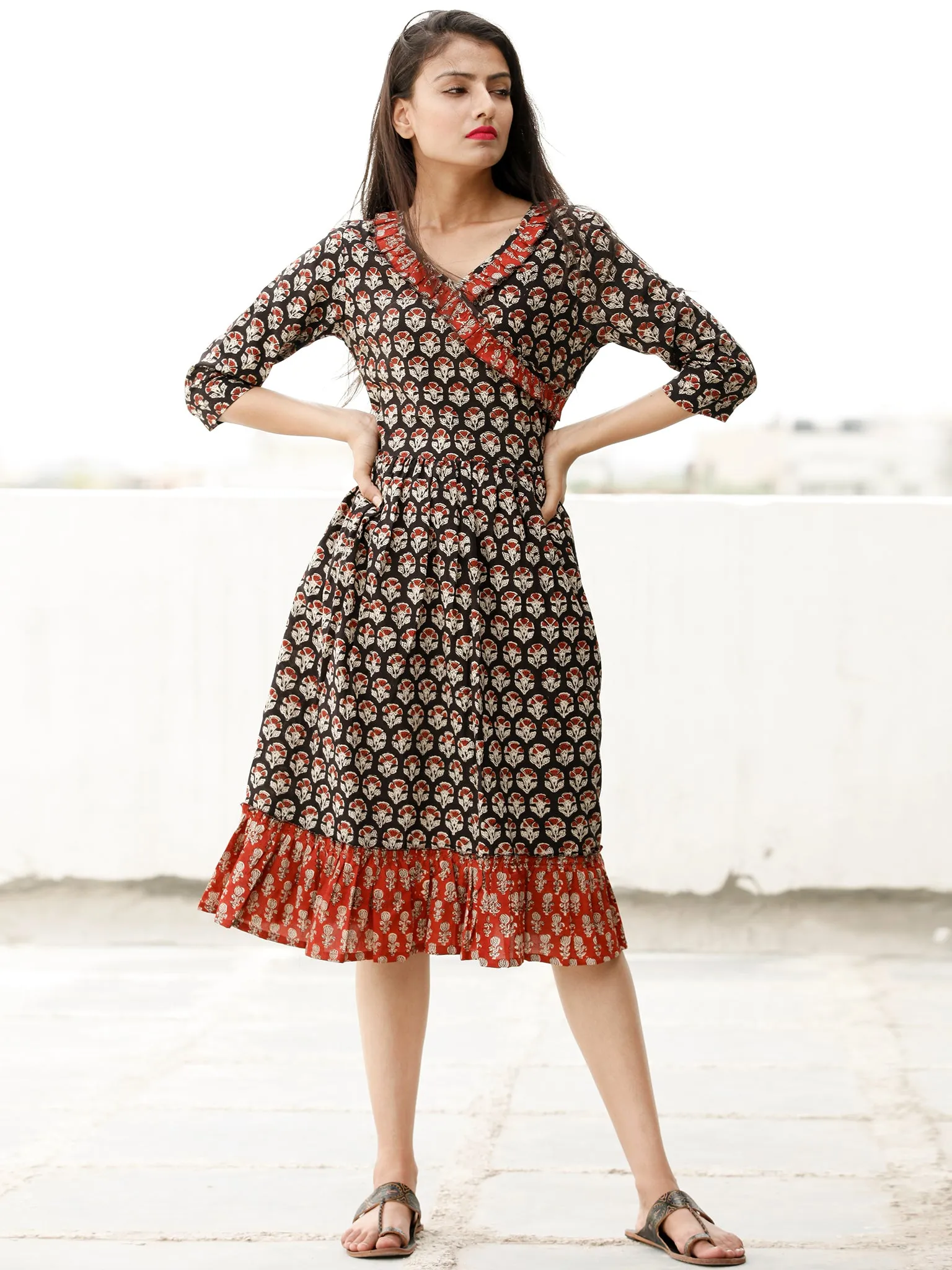 Floral Blocks - Block Printed Cotton Dress  - D357F1736