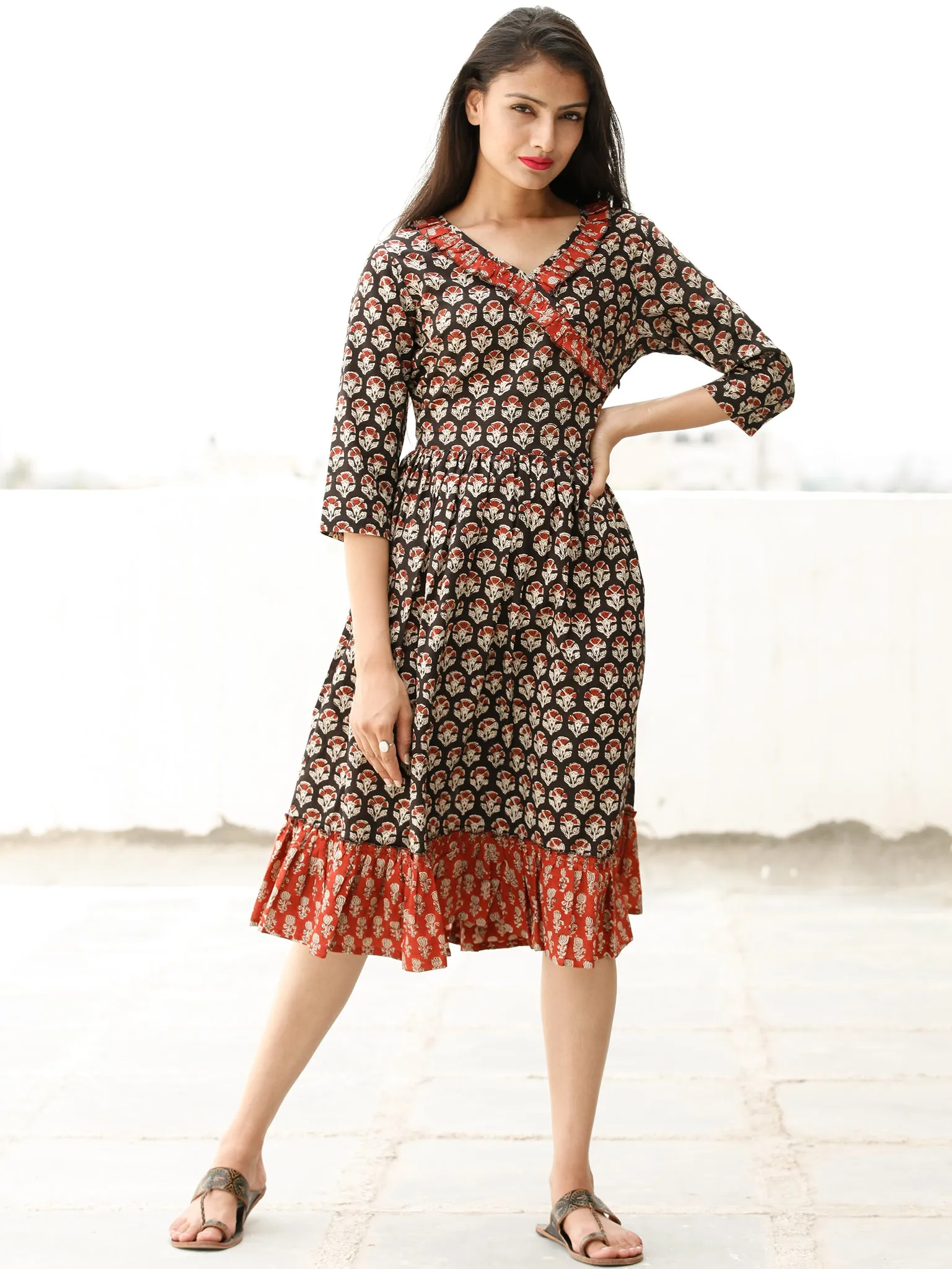 Floral Blocks - Block Printed Cotton Dress  - D357F1736