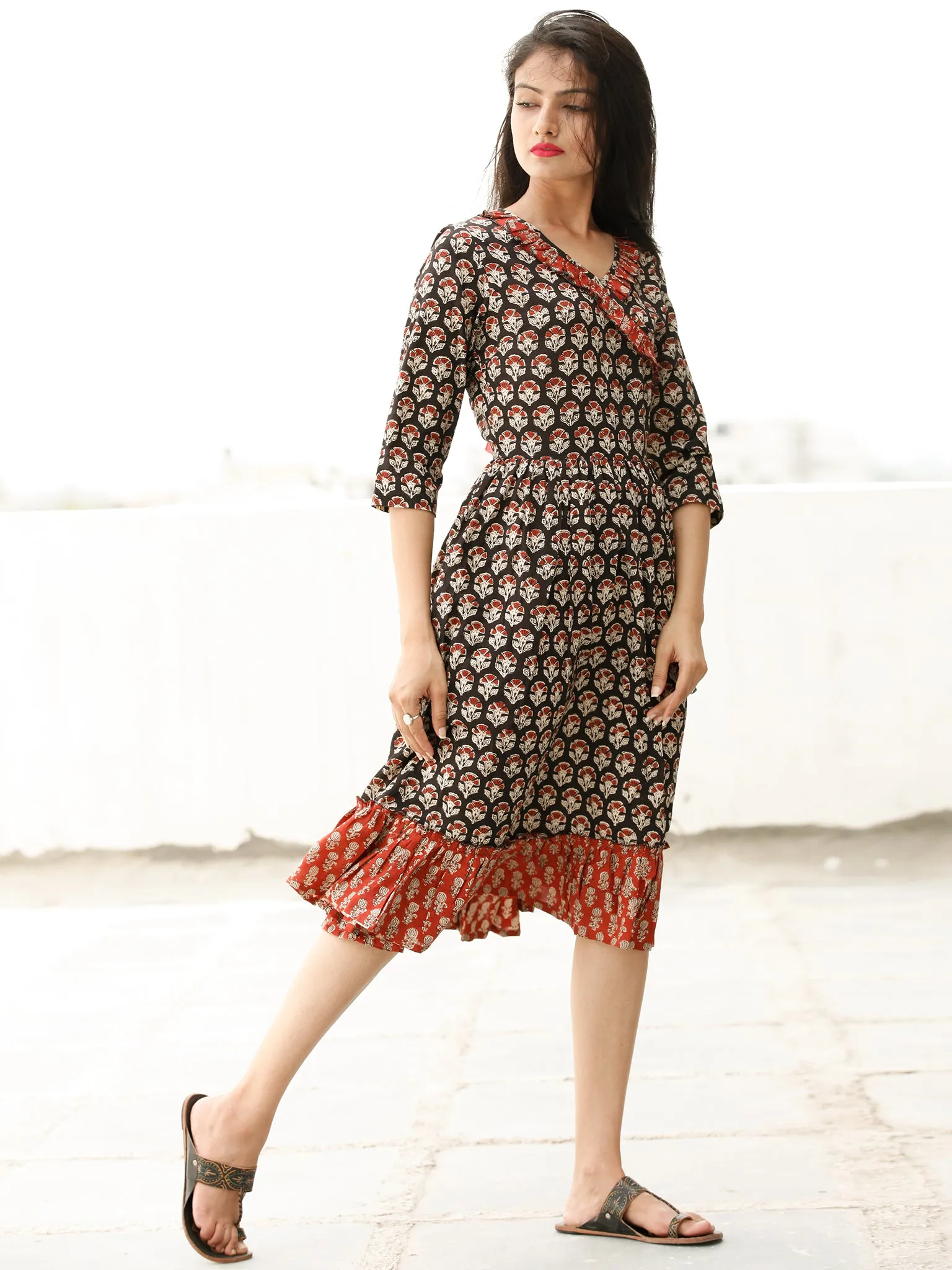 Floral Blocks - Block Printed Cotton Dress  - D357F1736