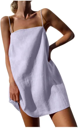 for Ladies Fall Summer Sleeveless Spaghetti Strap Off Shoulder Linen Mini Short Loose Fit Basic Dresses Women 2025