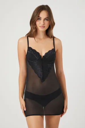 Forever 21 Lace Trim Mesh Lingerie Slip Dress, Black