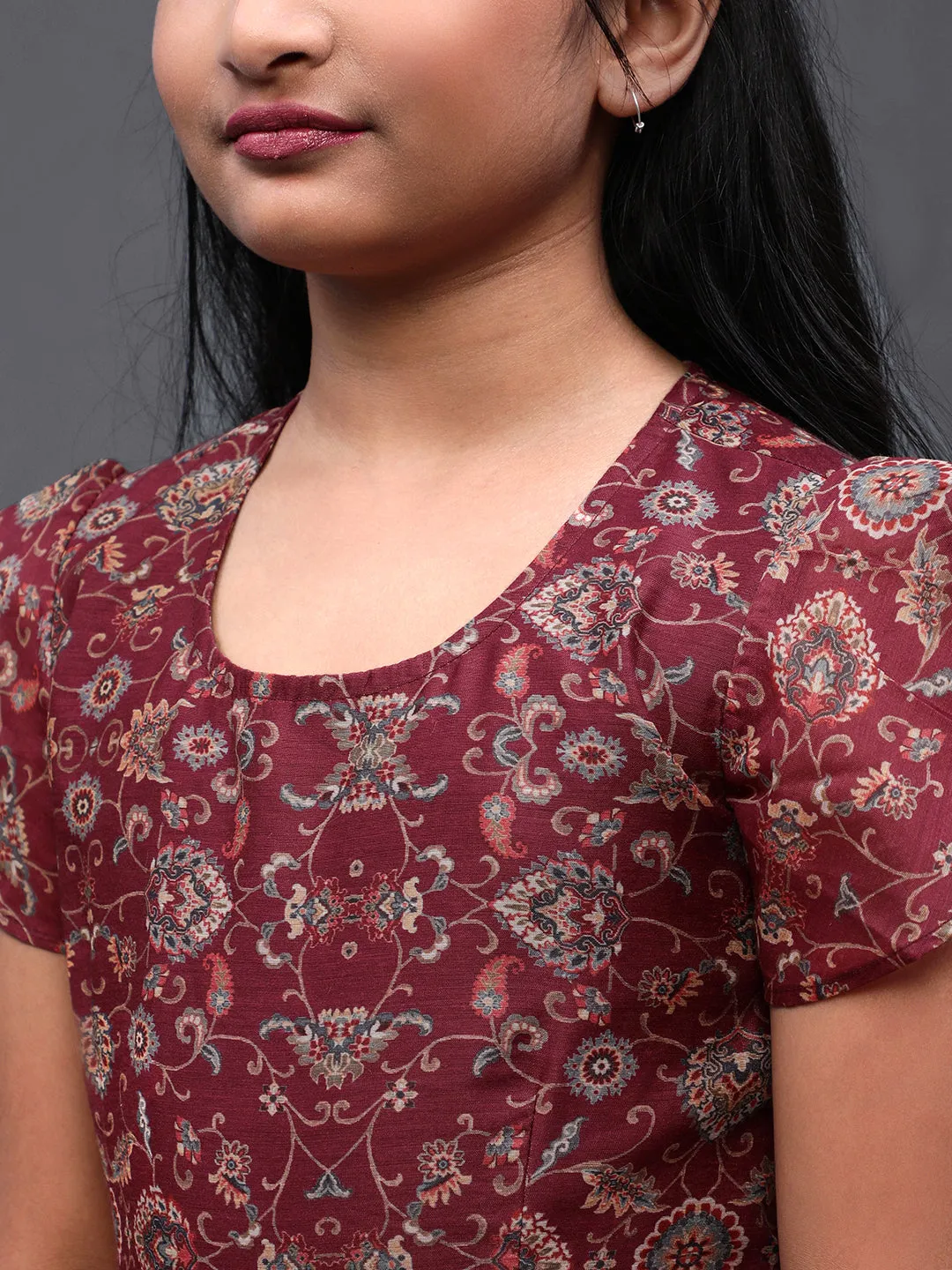 Girl's Burgundy Chanderi Floral Printed Flared Dress - Aks Girls