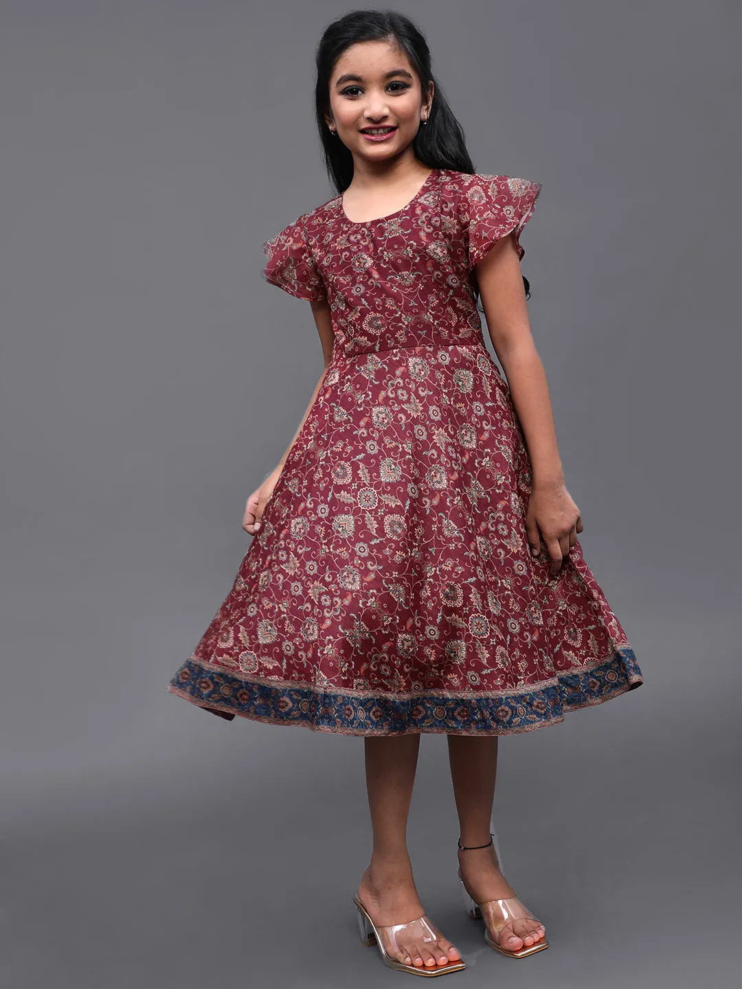 Girl's Burgundy Chanderi Floral Printed Flared Dress - Aks Girls