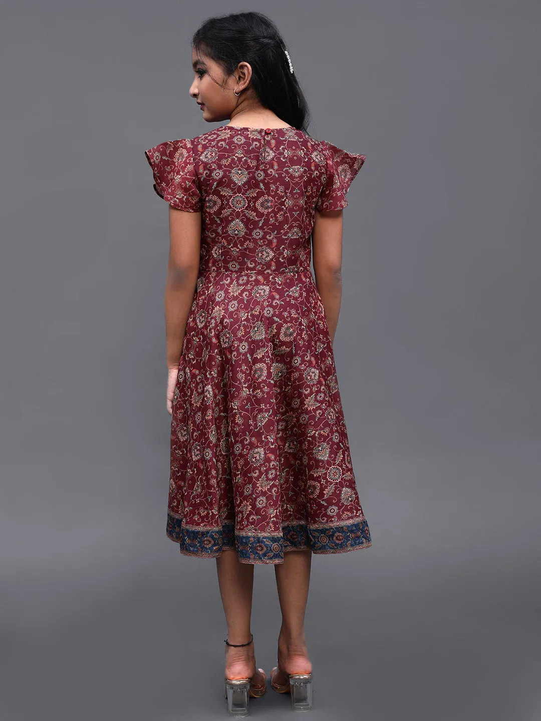 Girl's Burgundy Chanderi Floral Printed Flared Dress - Aks Girls
